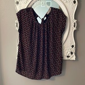 LOFT Short Sleeve Tie Neck Black Floral Blouse Top Sz S